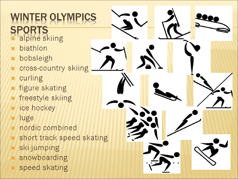 winter olympics sports alpine skiing biathlon bobsleigh cross-country skiing curling figure skating freestyle skiing